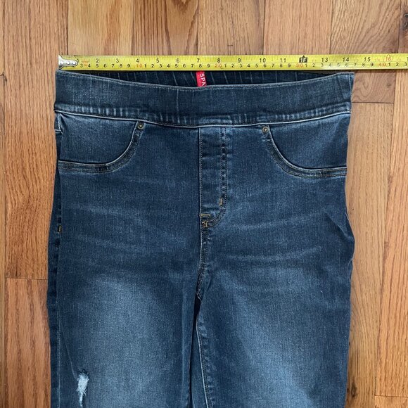 Spanx Distressed High Rise Elastic Waist Denim Jeggings Womens Medium Dark Wash - Picture 5 of 8